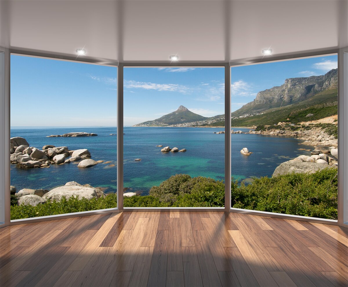 Fototapet ferestre uriașe din podea până în tavan cu vederi pitorești