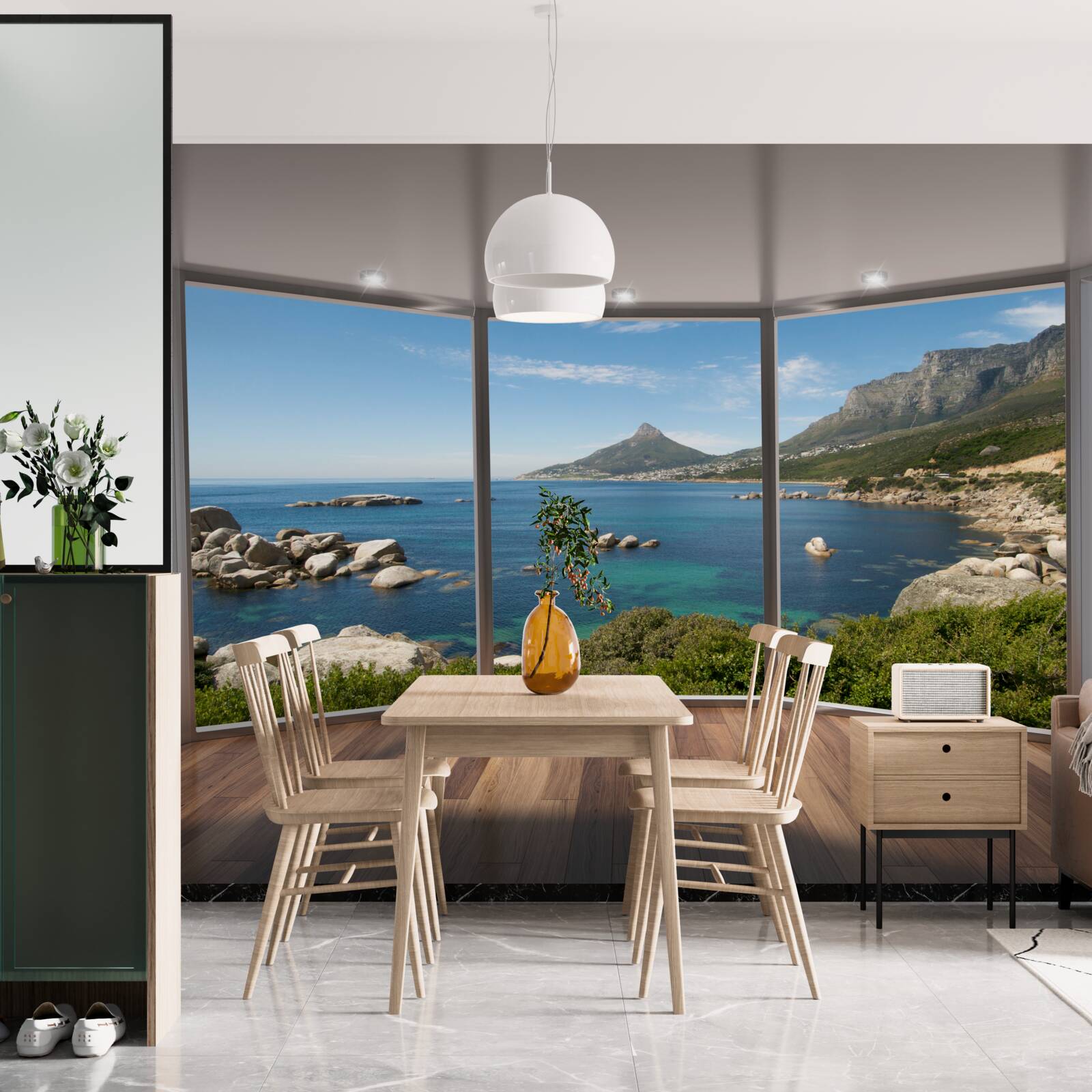 Fototapet ferestre uriașe din podea până în tavan cu vederi pitorești