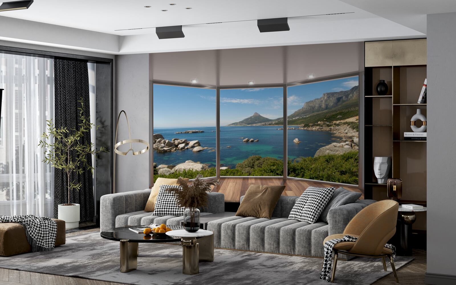 Fototapet ferestre uriașe din podea până în tavan cu vederi pitorești