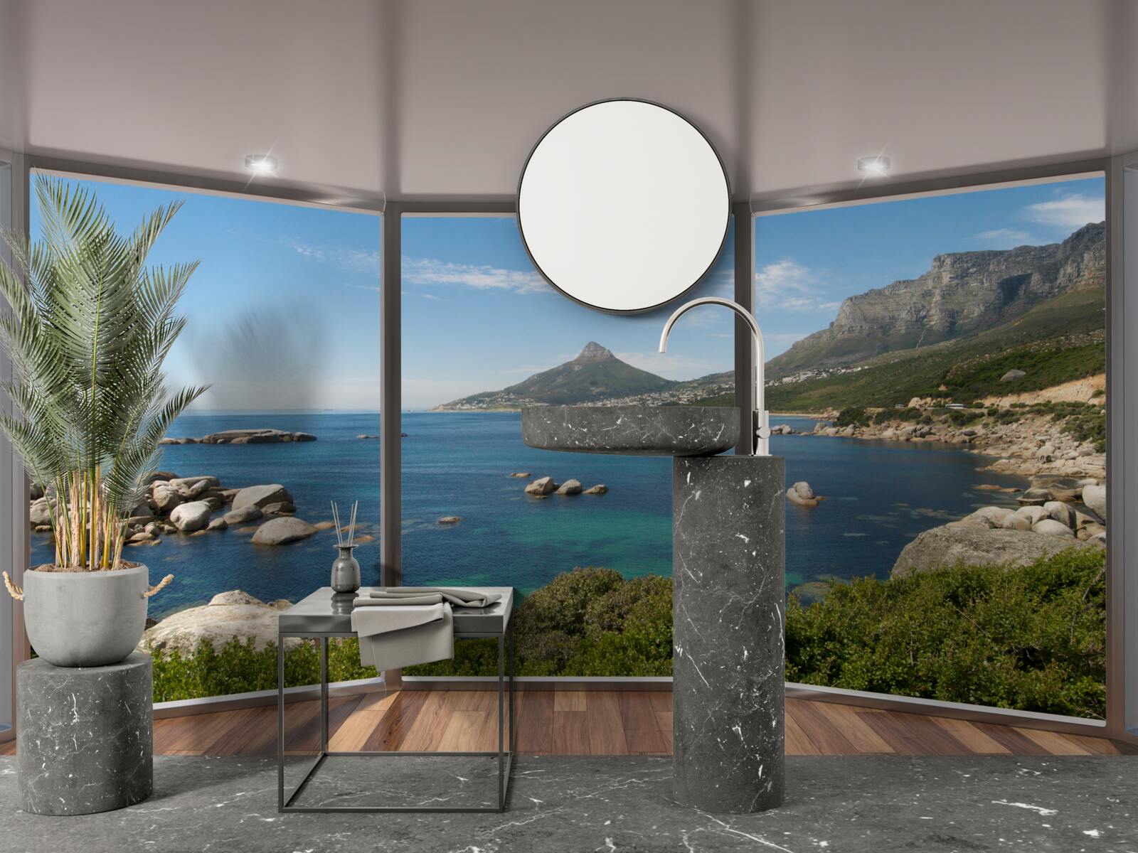 Fototapet ferestre uriașe din podea până în tavan cu vederi pitorești