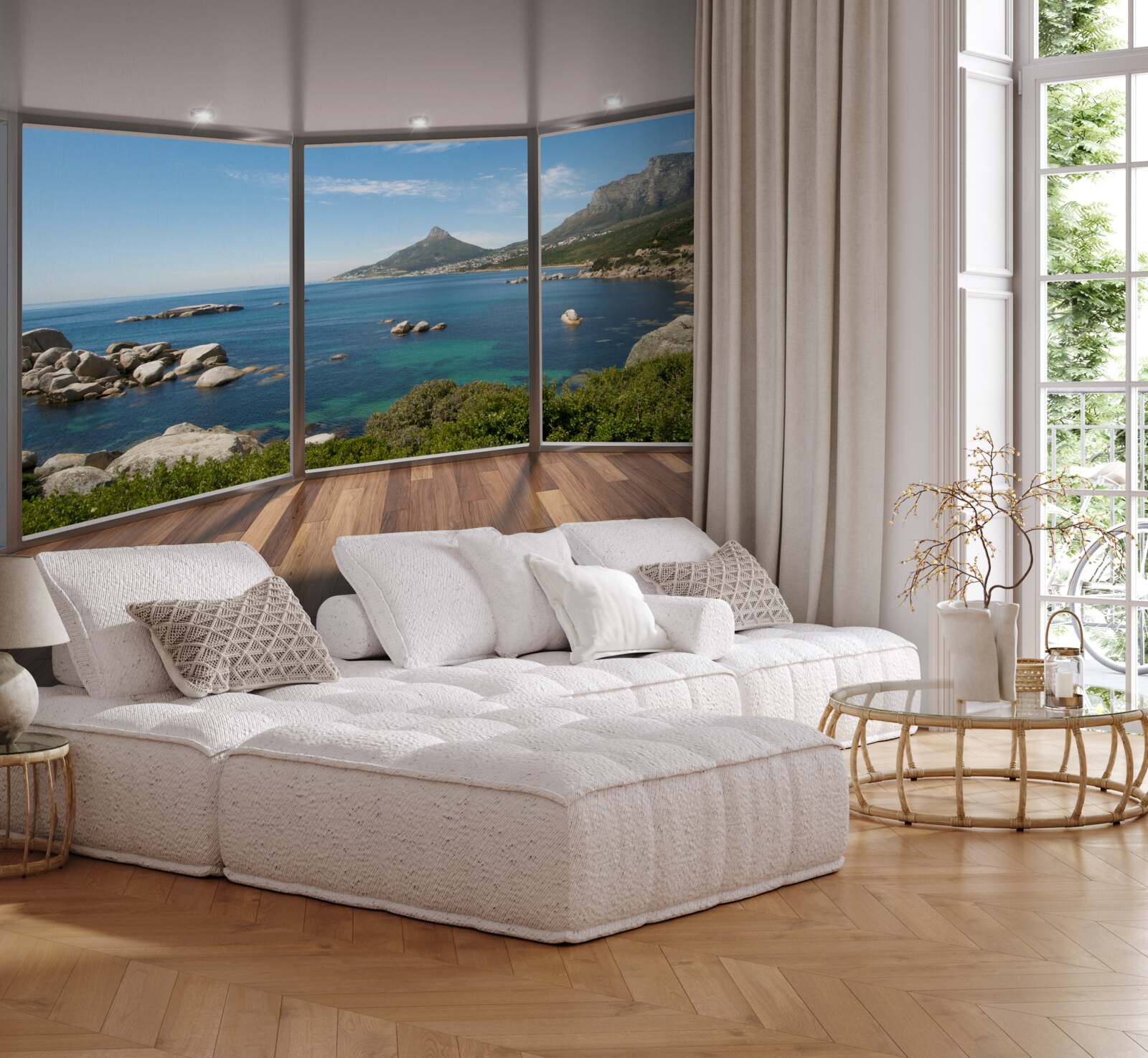 Fototapet ferestre uriașe din podea până în tavan cu vederi pitorești