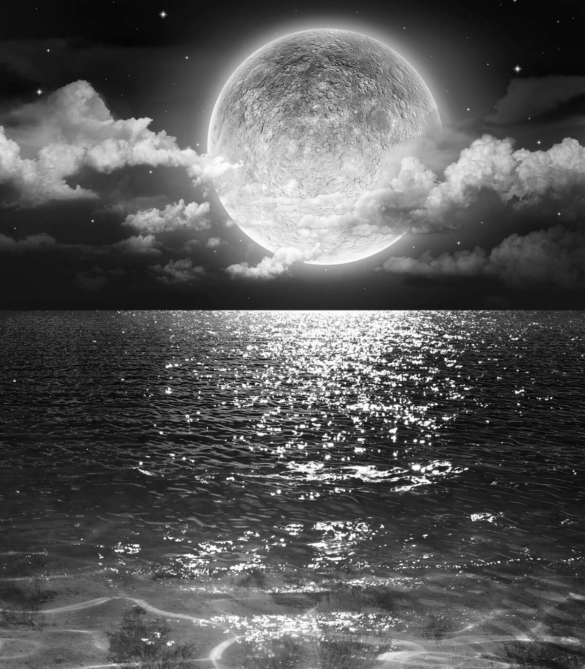 Fototapet apus de soare peste mare pe lună cu nuanță alb-negru