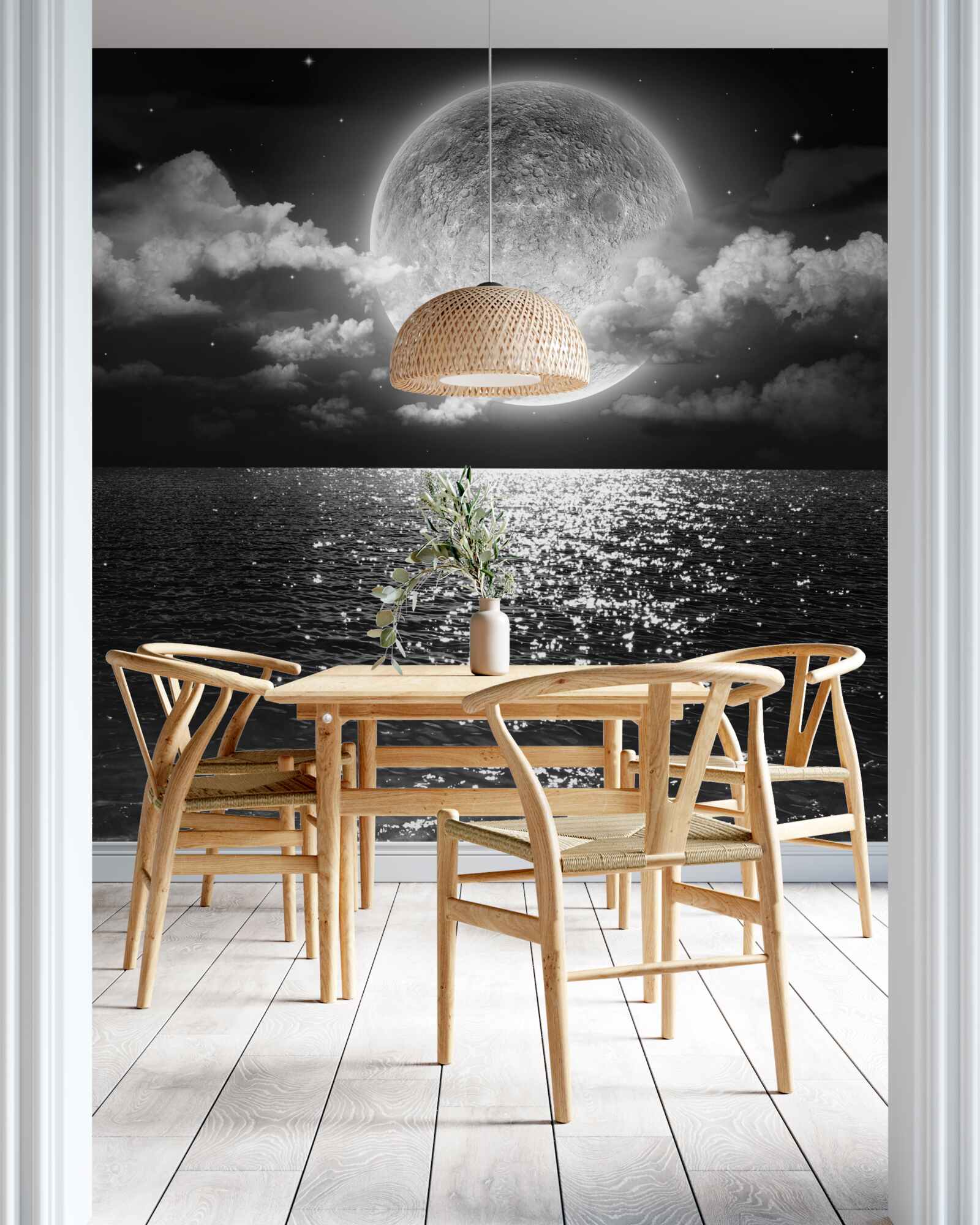 Fototapet apus de soare peste mare pe lună cu nuanță alb-negru