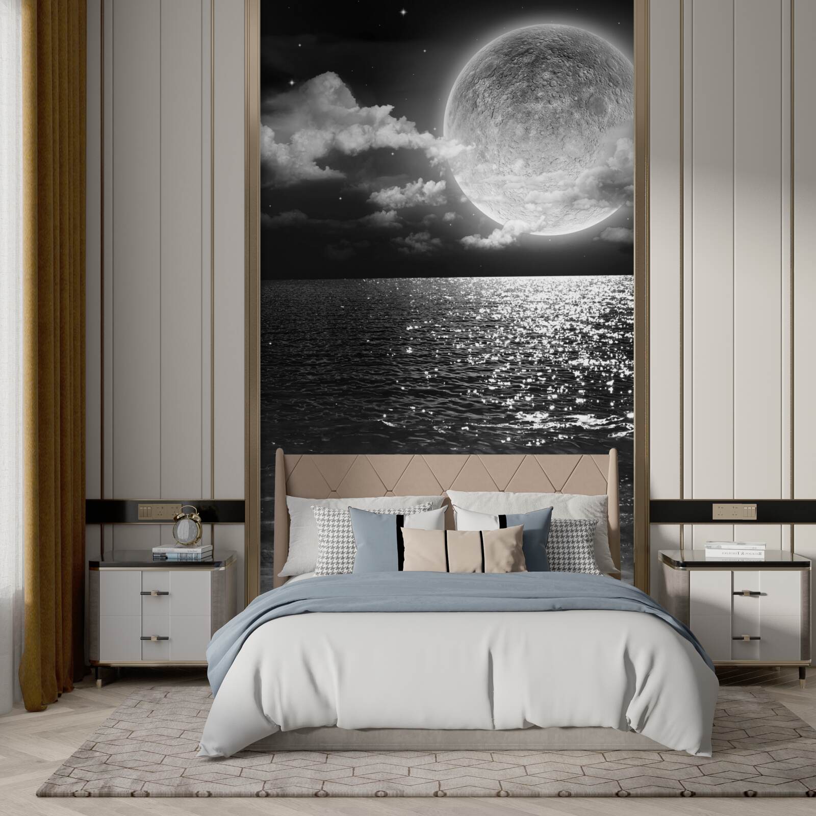 Fototapet apus de soare peste mare pe lună cu nuanță alb-negru