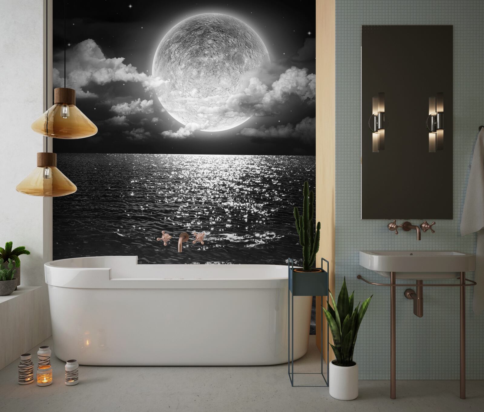 Fototapet apus de soare peste mare pe lună cu nuanță alb-negru