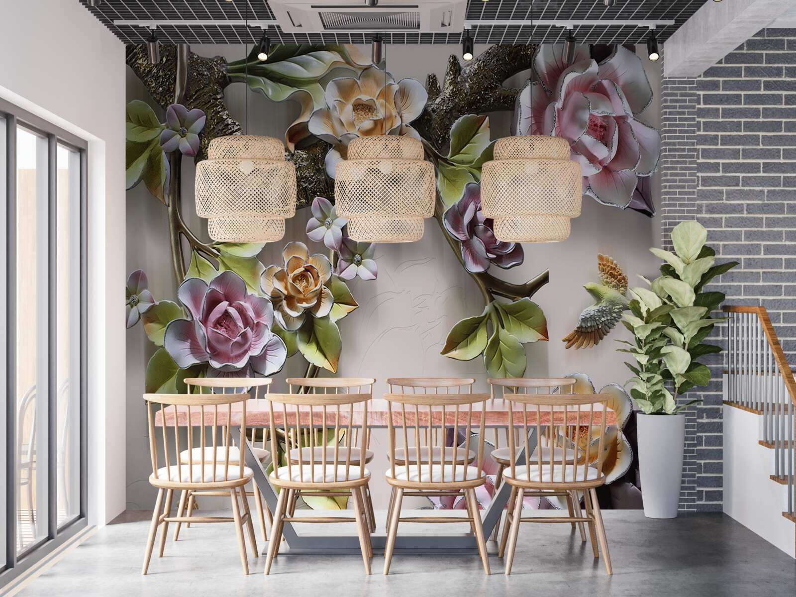 Fototapet trandafirii colorați de pe ramuri sunt frumoși