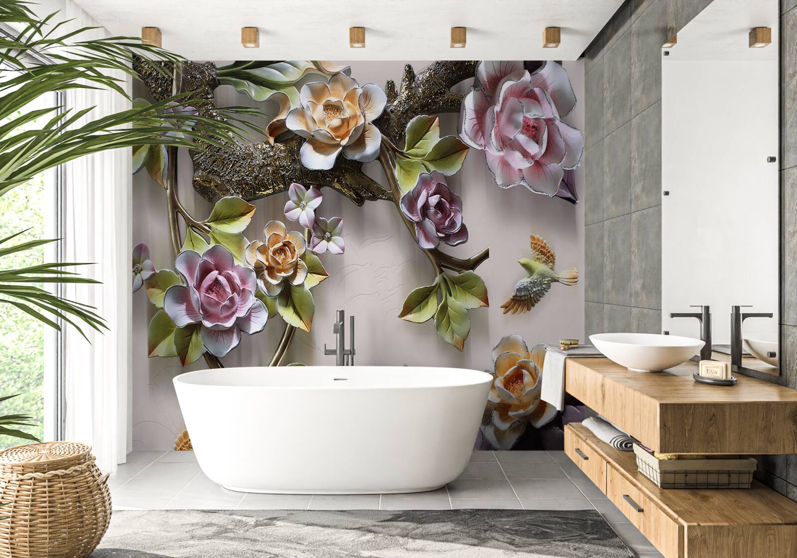 Fototapet trandafirii colorați de pe ramuri sunt frumoși