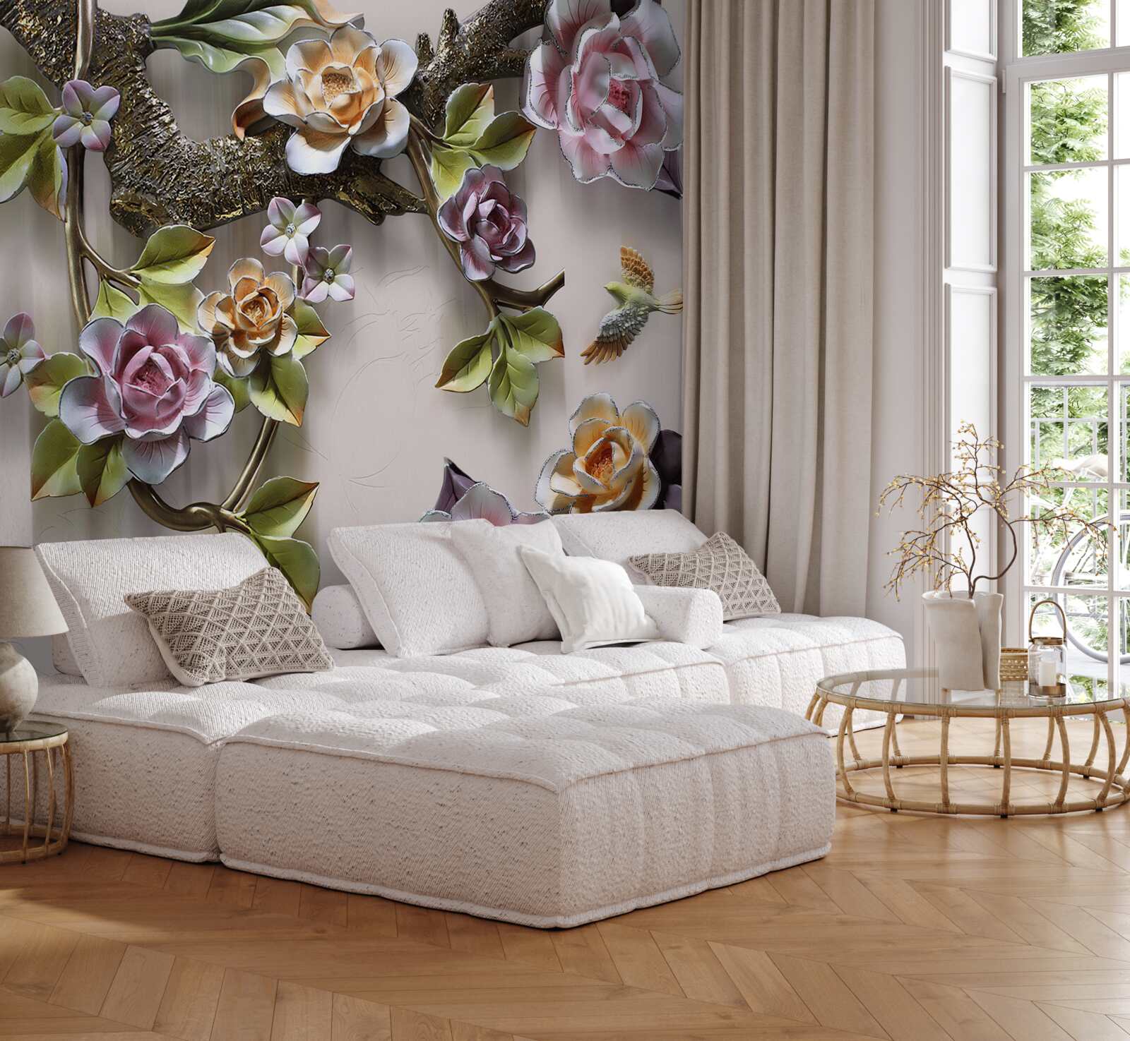 Fototapet trandafirii colorați de pe ramuri sunt frumoși