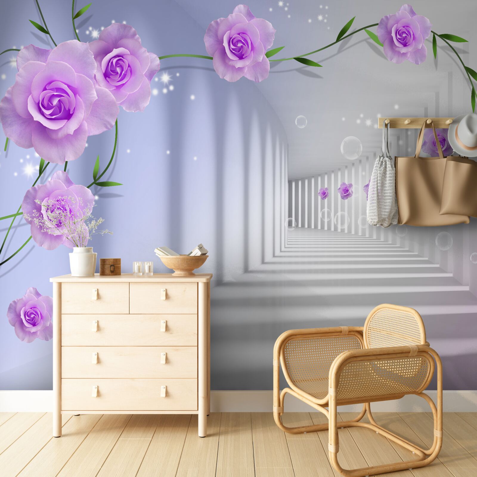 Fototapet trandafir de ceai violet pe ramuri