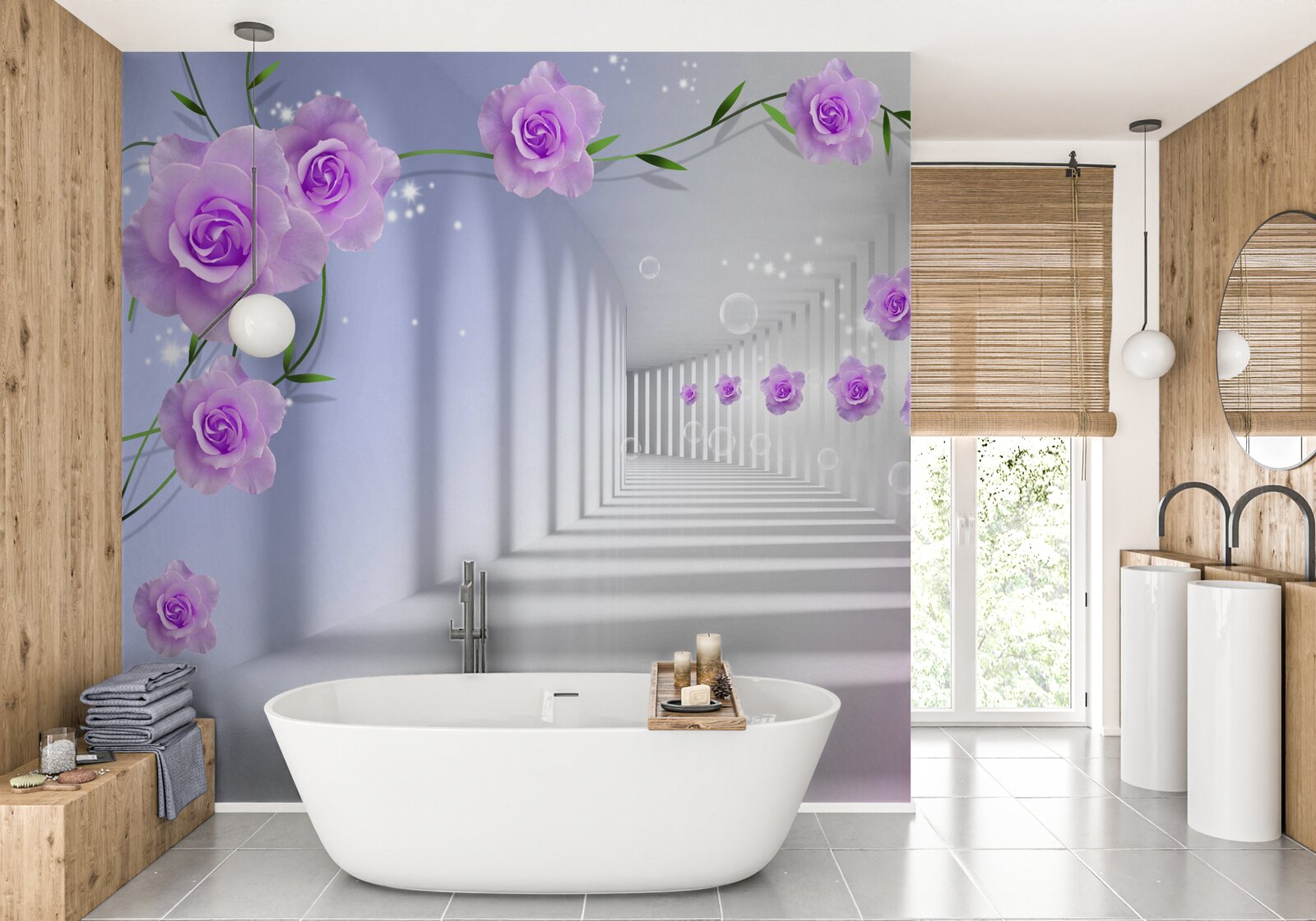 Fototapet trandafir de ceai violet pe ramuri