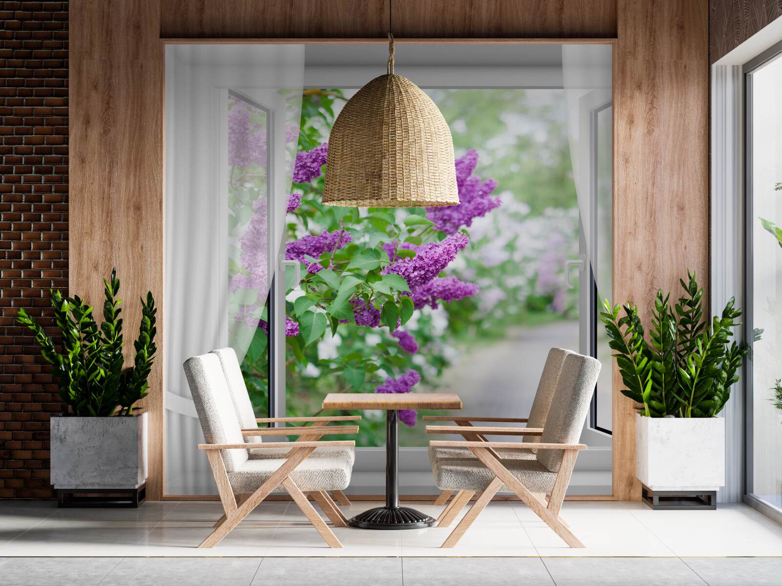 Fototapet fereastra albă este decorată cu liliac