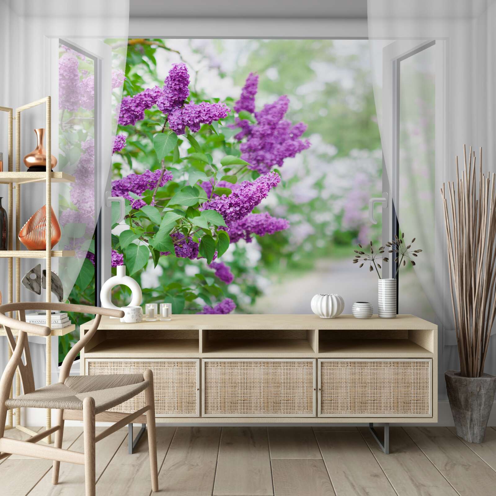 Fototapet fereastra albă este decorată cu liliac