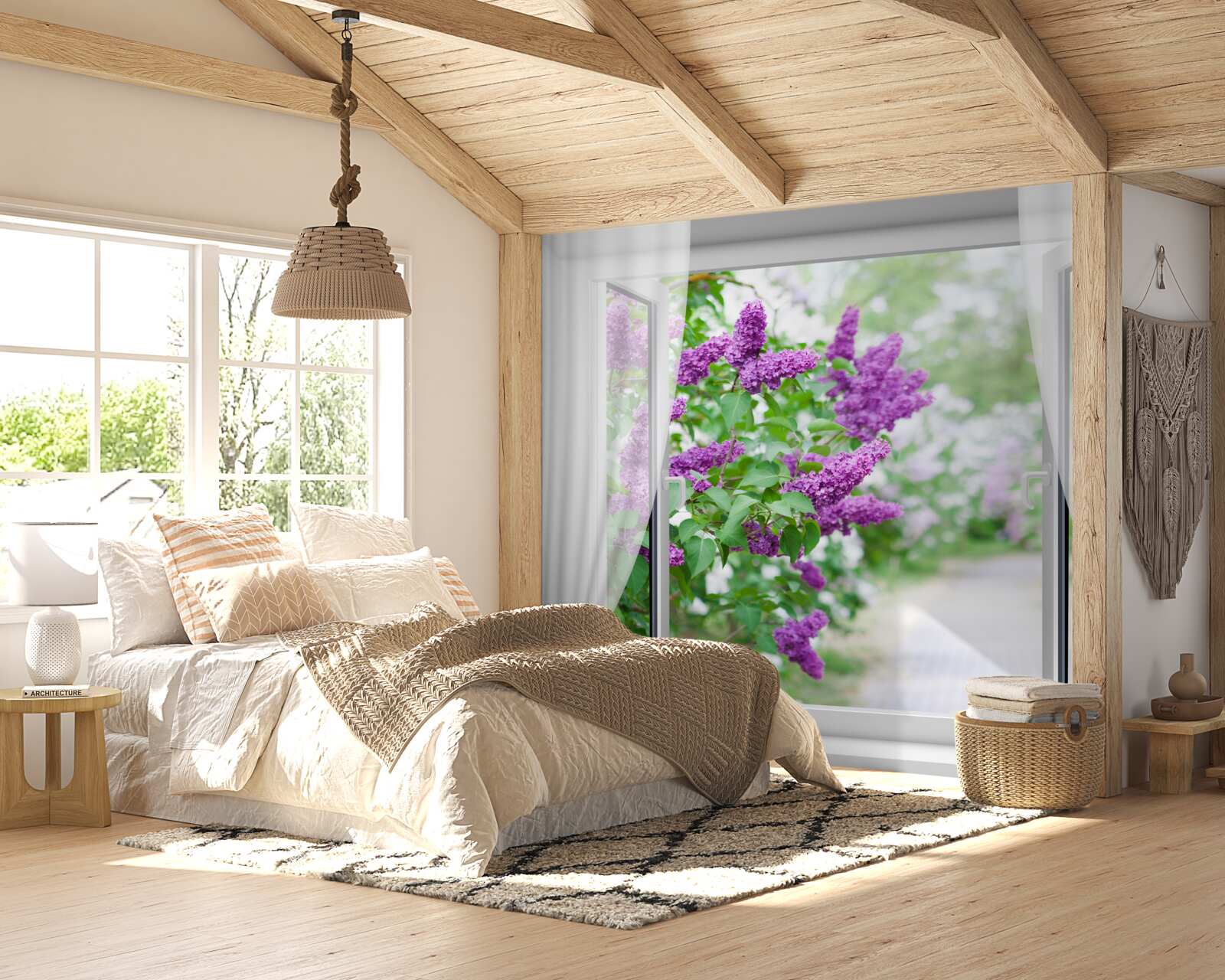 Fototapet fereastra albă este decorată cu liliac