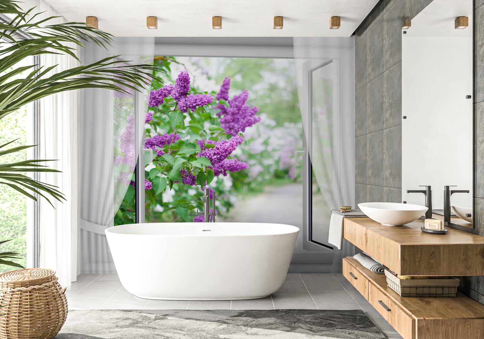 Fototapet fereastra albă este decorată cu liliac