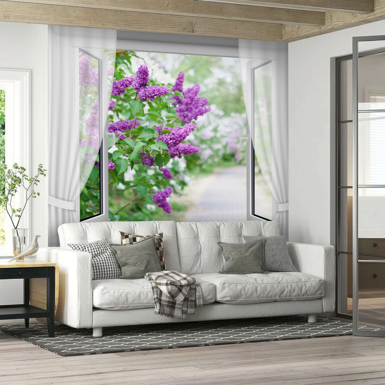 Fototapet fereastra albă este decorată cu liliac