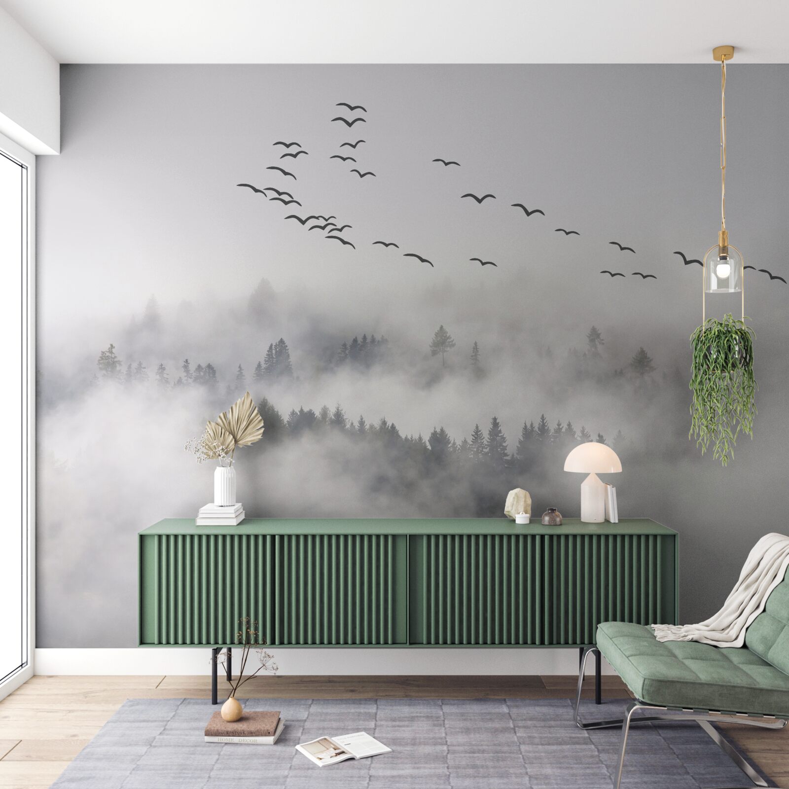 Fototapet Un grup de păsări zboară din ceață, încercând să găsească locuri confortabile, calde