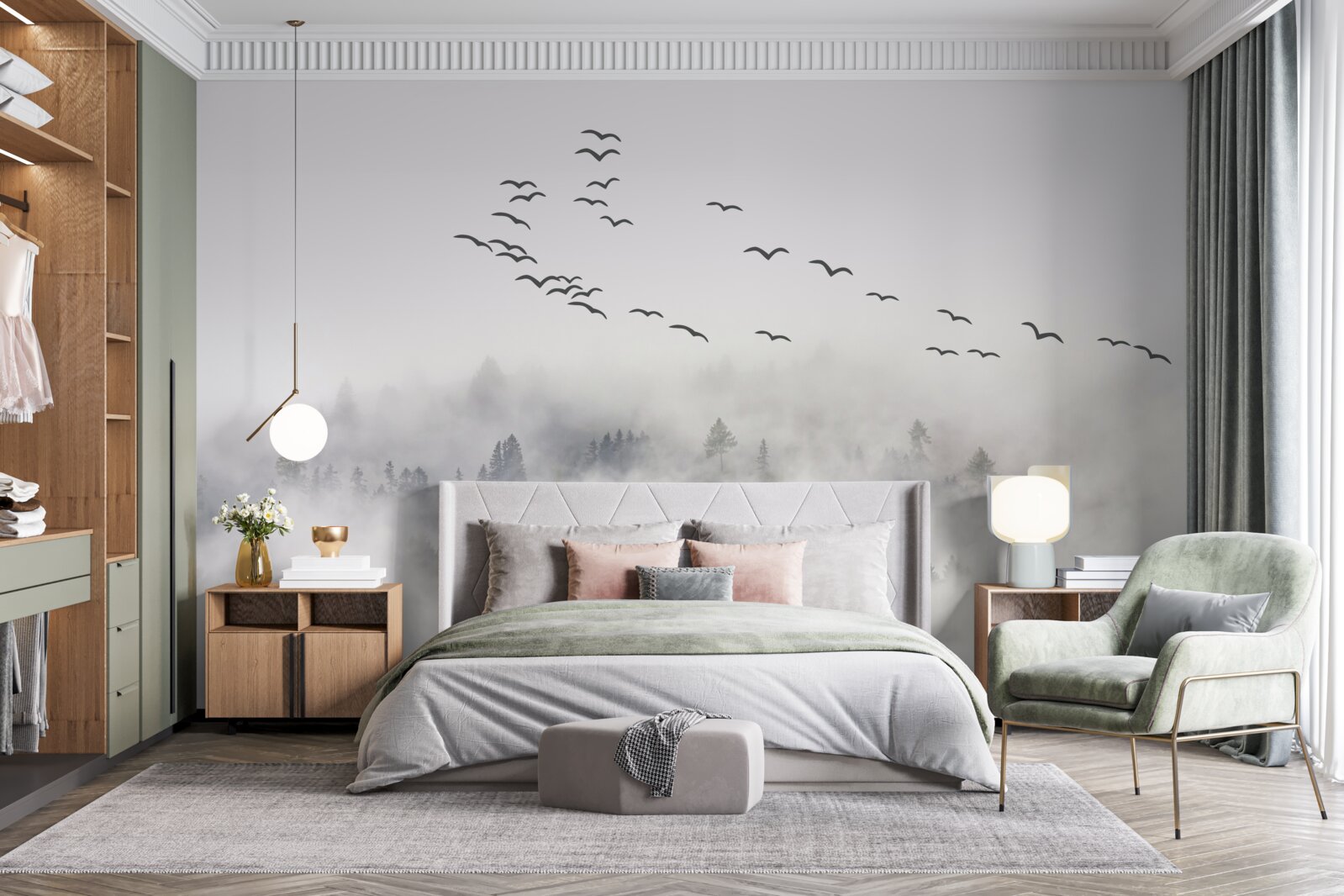 Fototapet Un grup de păsări zboară din ceață, încercând să găsească locuri confortabile, calde