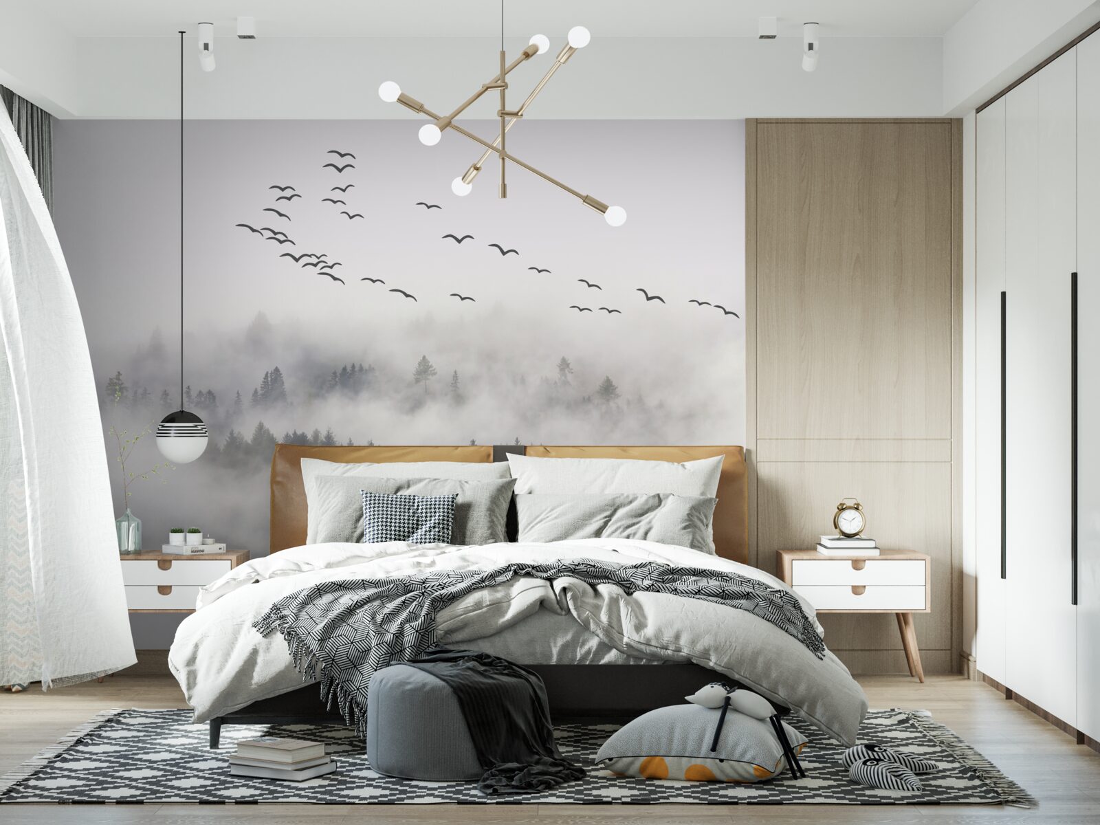 Fototapet Un grup de păsări zboară din ceață, încercând să găsească locuri confortabile, calde