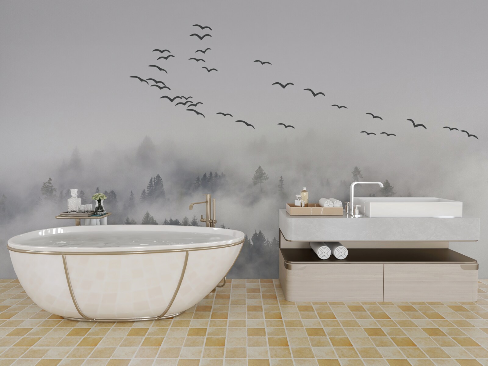 Fototapet Un grup de păsări zboară din ceață, încercând să găsească locuri confortabile, calde