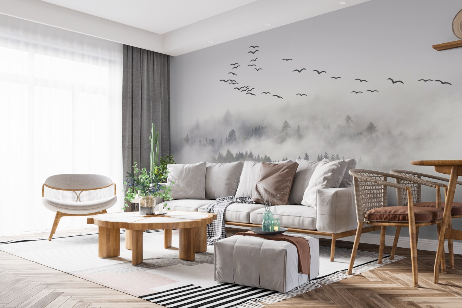 Fototapet Un grup de păsări zboară din ceață, încercând să găsească locuri confortabile, calde