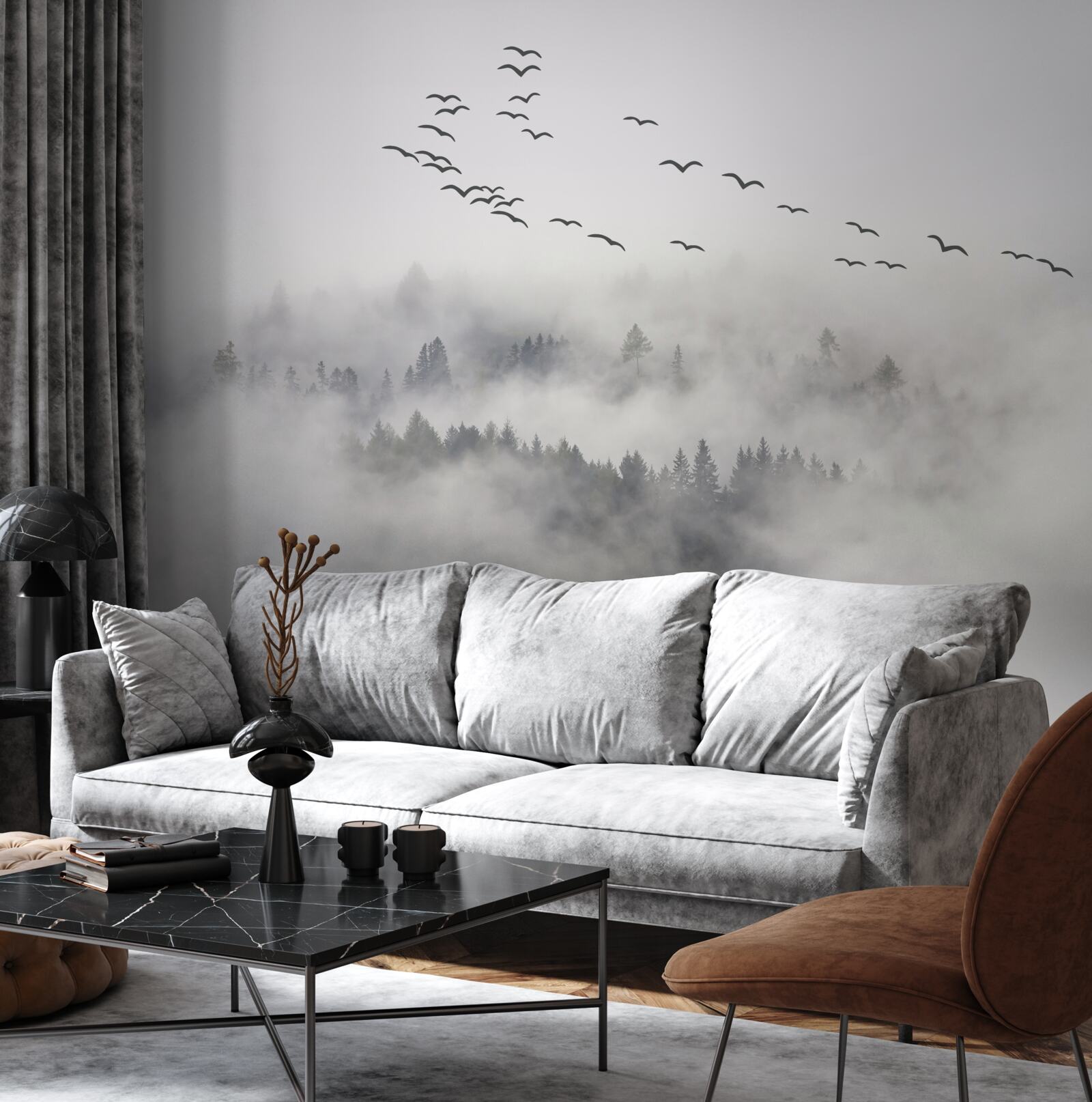 Fototapet Un grup de păsări zboară din ceață, încercând să găsească locuri confortabile, calde