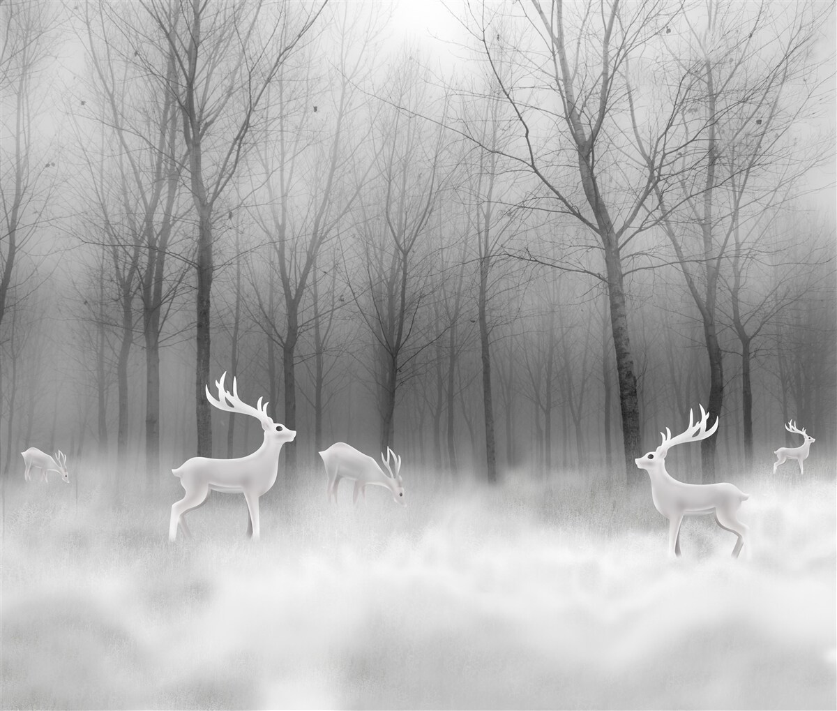 Fototapet un grup de căprioare rătăcește printr-o pădure cețoasă