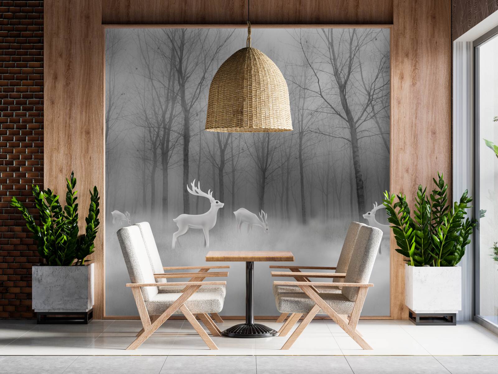 Fototapet un grup de căprioare rătăcește printr-o pădure cețoasă