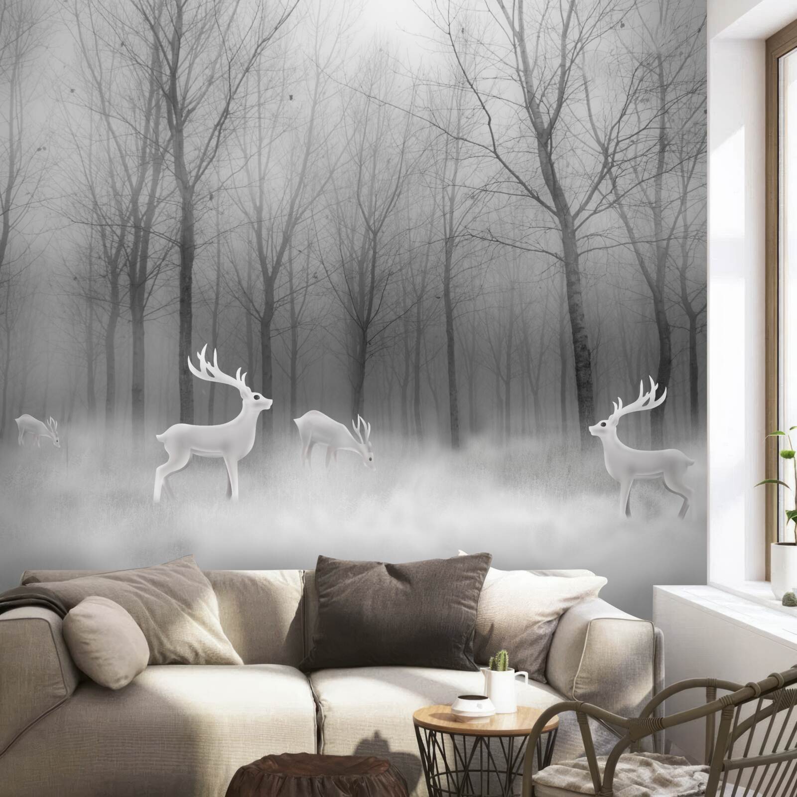 Fototapet un grup de căprioare rătăcește printr-o pădure cețoasă