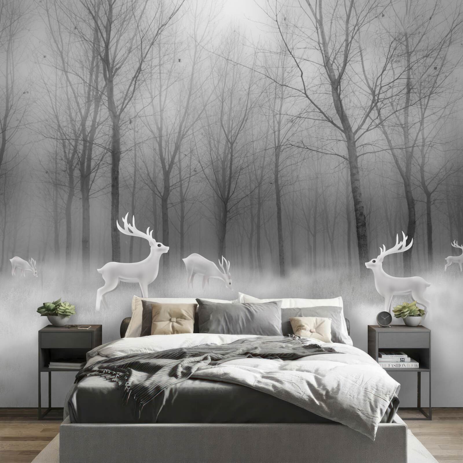 Fototapet un grup de căprioare rătăcește printr-o pădure cețoasă