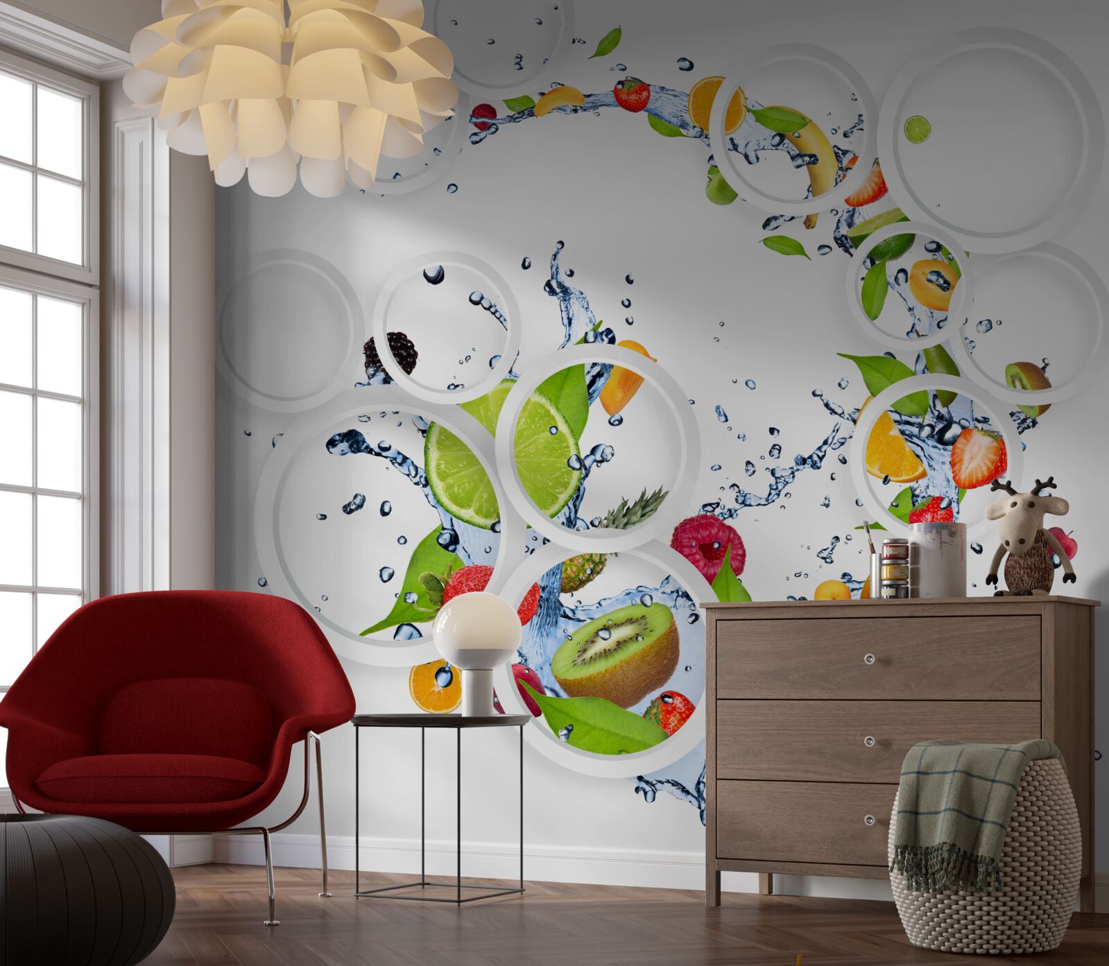 Fototapet fructe și rotunjime albă