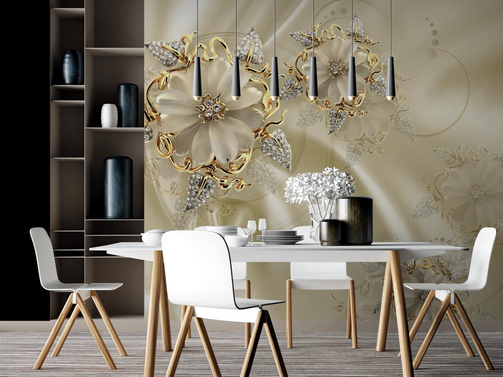 Fototapet manșetă în formă de floare cu petale pe țesătură de mătase bej