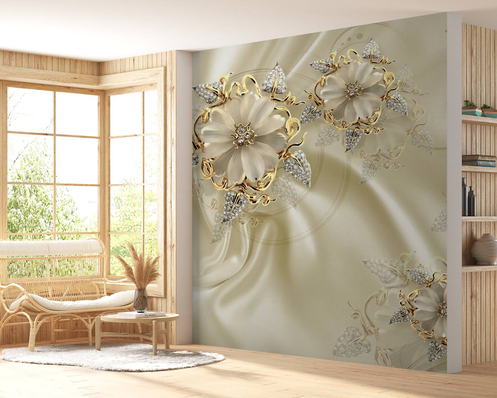 Fototapet manșetă în formă de floare cu petale pe țesătură de mătase bej