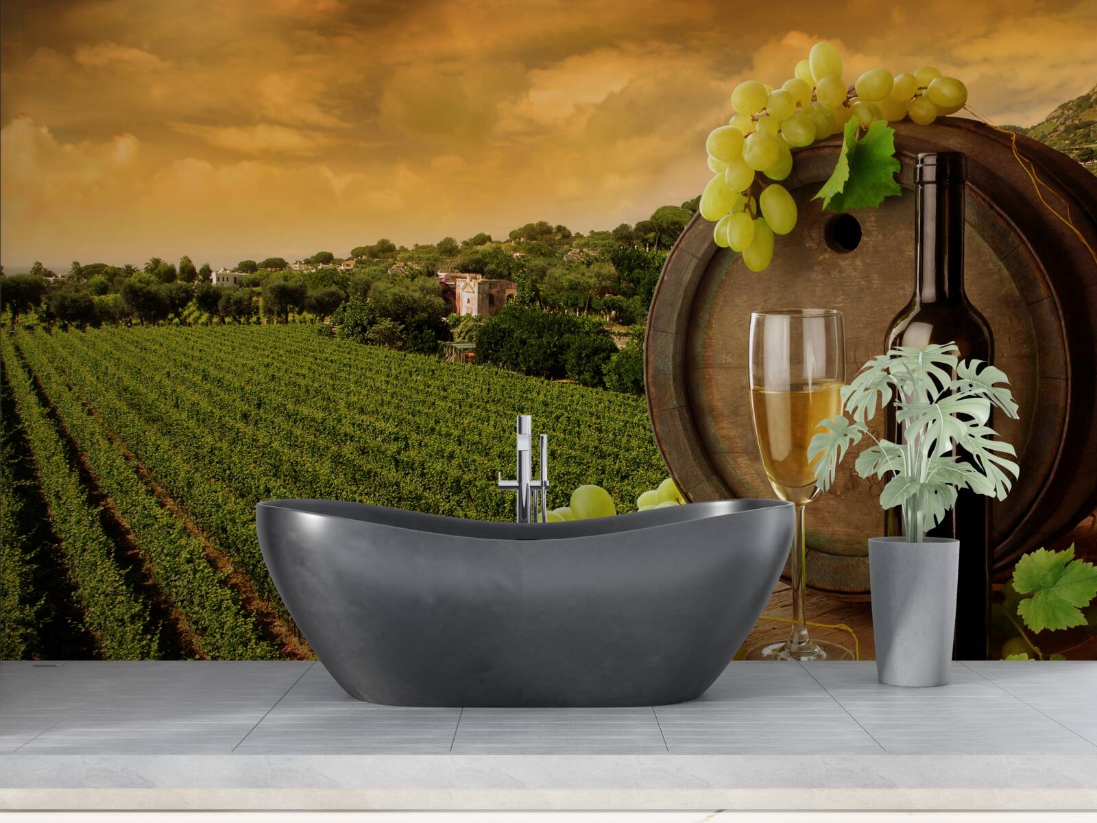 Fototapet apus de soare peste podgorii