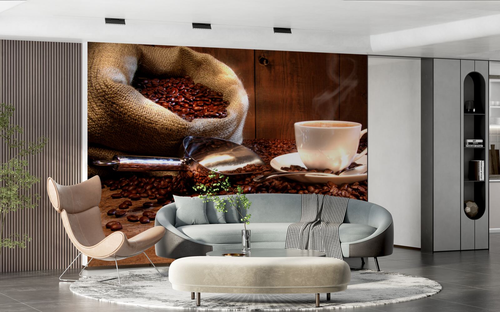 Fototapet boabe de cafea sub o ceașcă de cafea aromată