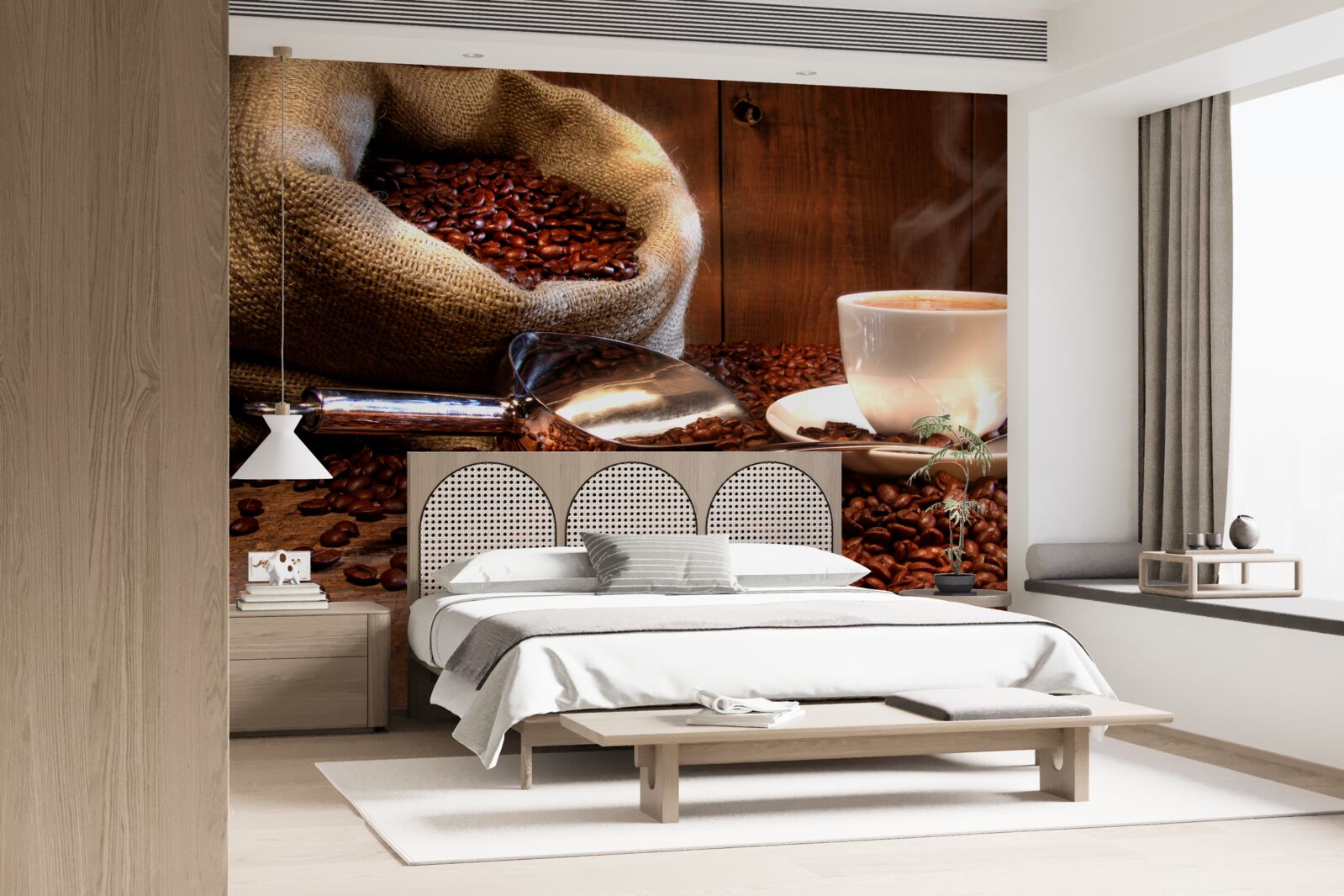 Fototapet boabe de cafea sub o ceașcă de cafea aromată