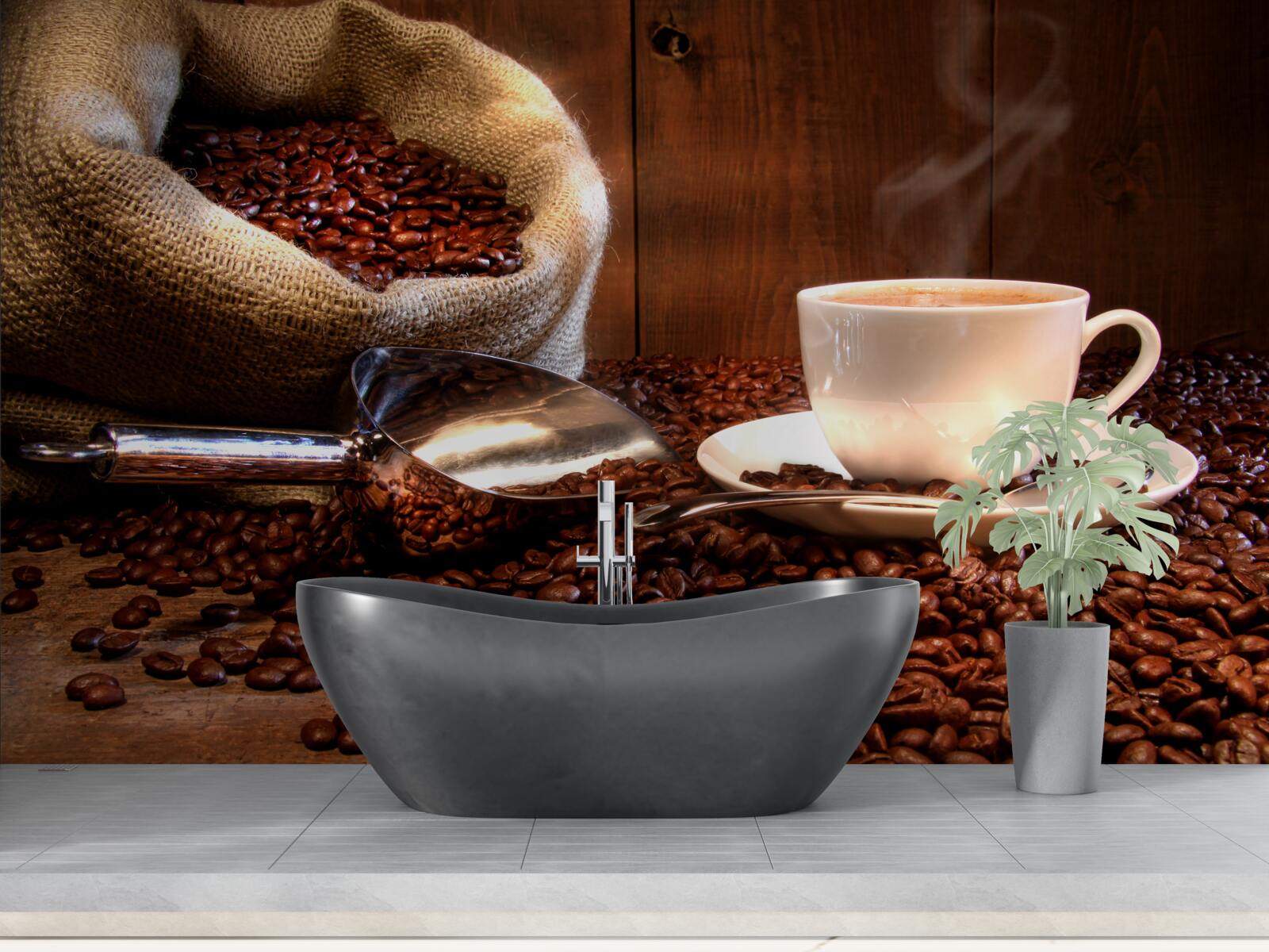 Fototapet boabe de cafea sub o ceașcă de cafea aromată