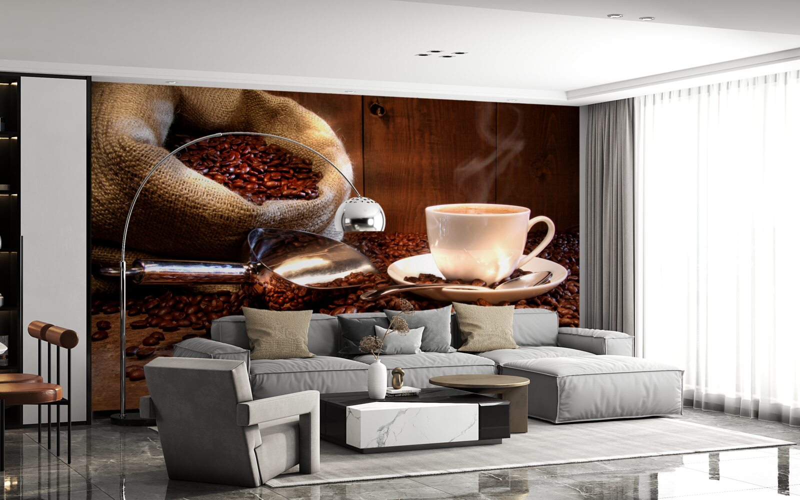 Fototapet boabe de cafea sub o ceașcă de cafea aromată