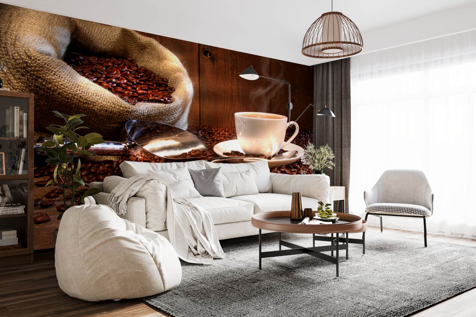 Fototapet boabe de cafea sub o ceașcă de cafea aromată