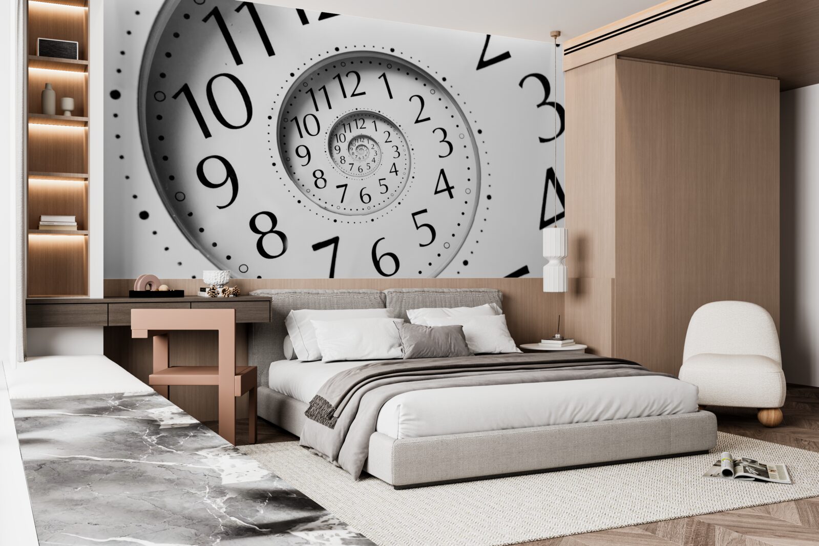 Fototapet ceas spirală în alb