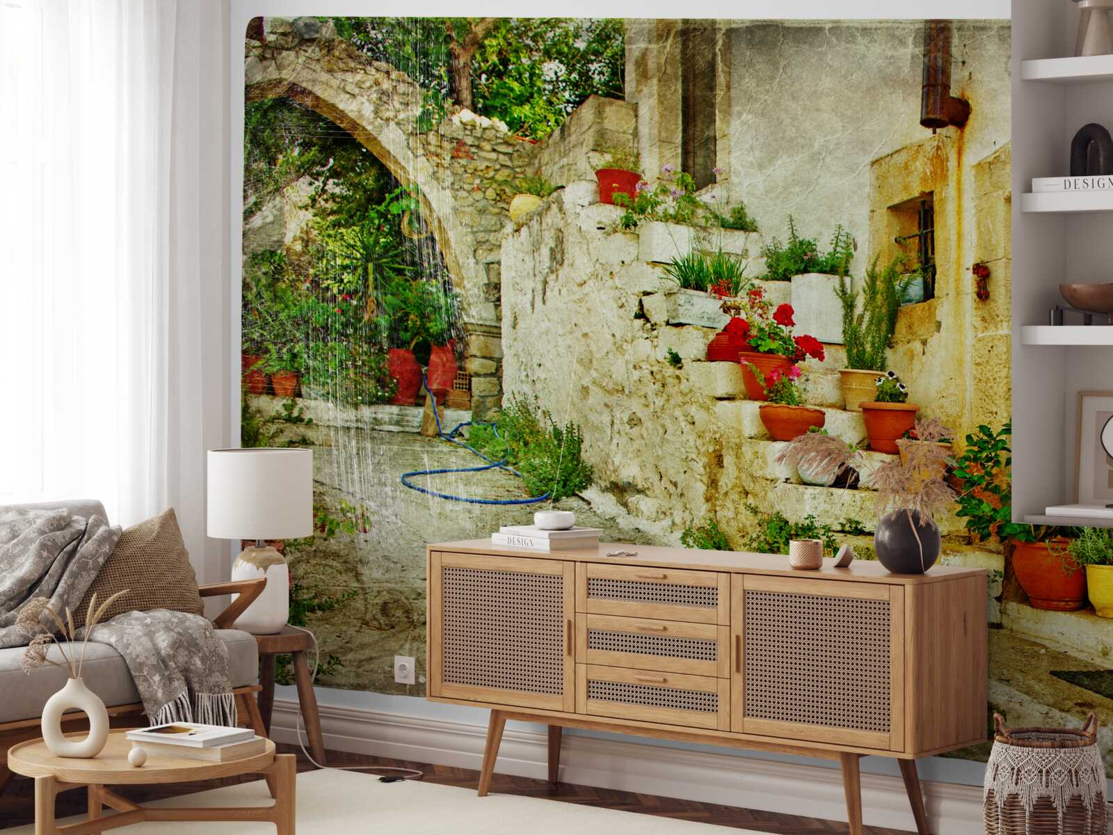 Fototapet ghivece de flori pe treptele de piatră