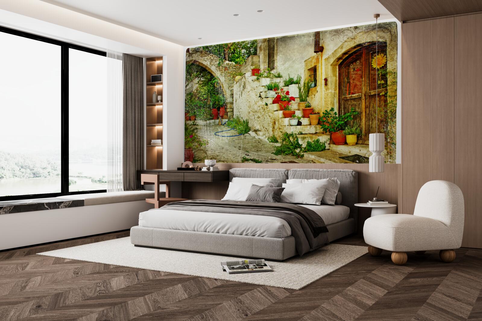 Fototapet ghivece de flori pe treptele de piatră