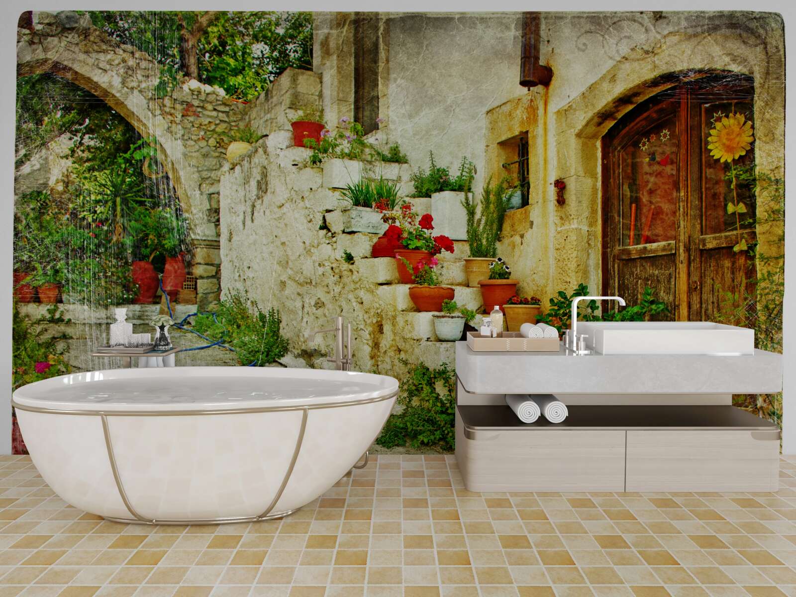 Fototapet ghivece de flori pe treptele de piatră