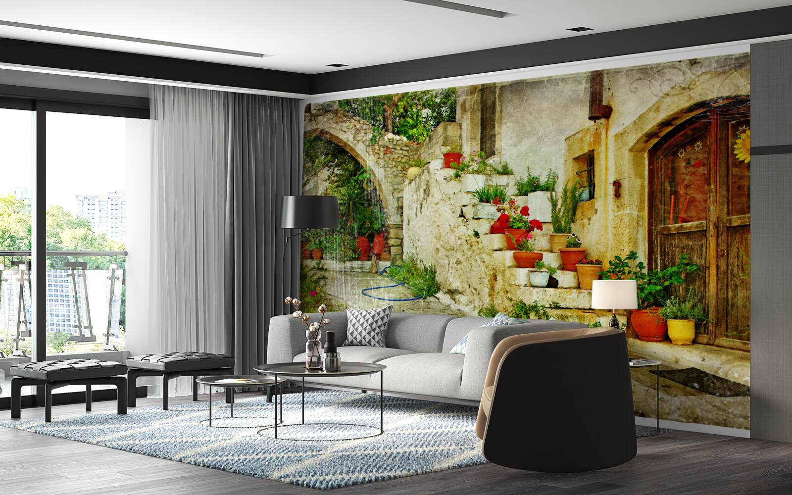 Fototapet ghivece de flori pe treptele de piatră