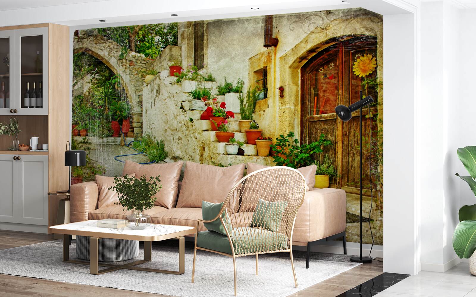 Fototapet ghivece de flori pe treptele de piatră