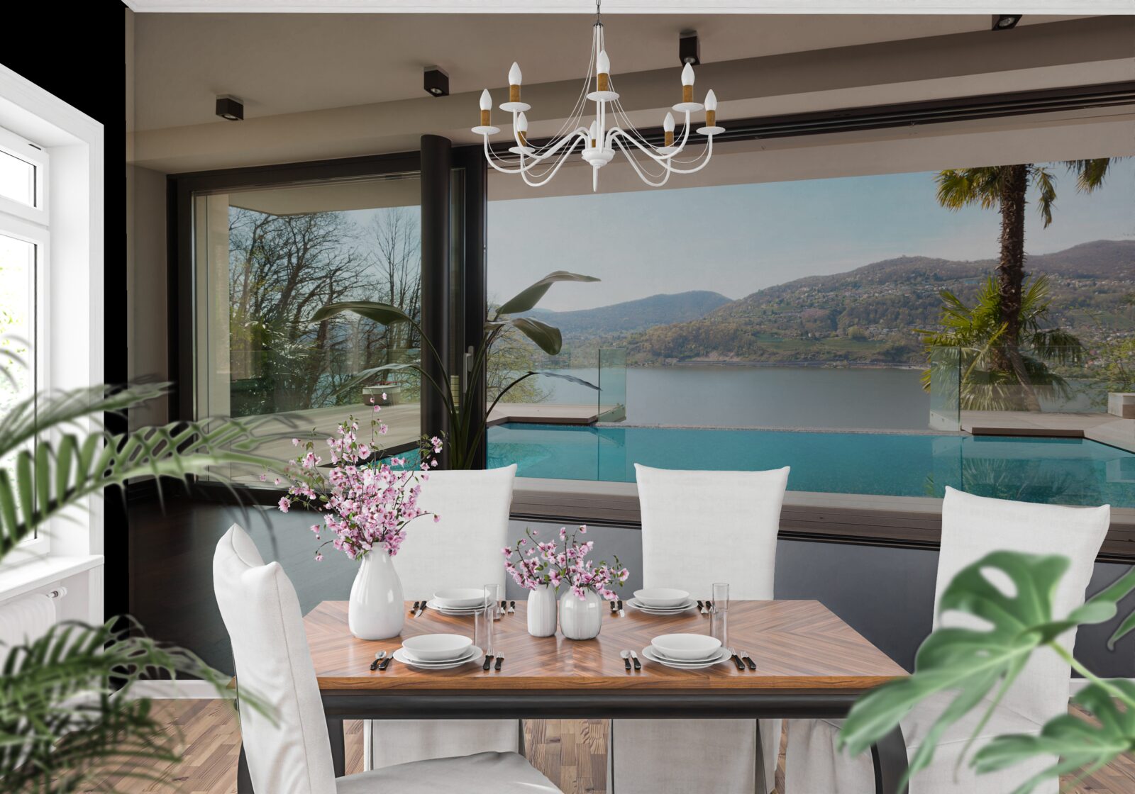 Fototapet piscină exclusivistă cu vedere panoramică la lanțul muntos