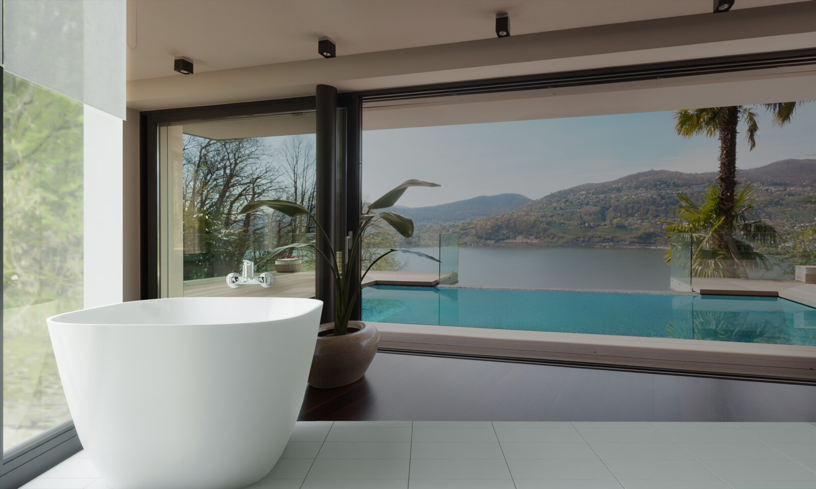 Fototapet piscină exclusivistă cu vedere panoramică la lanțul muntos