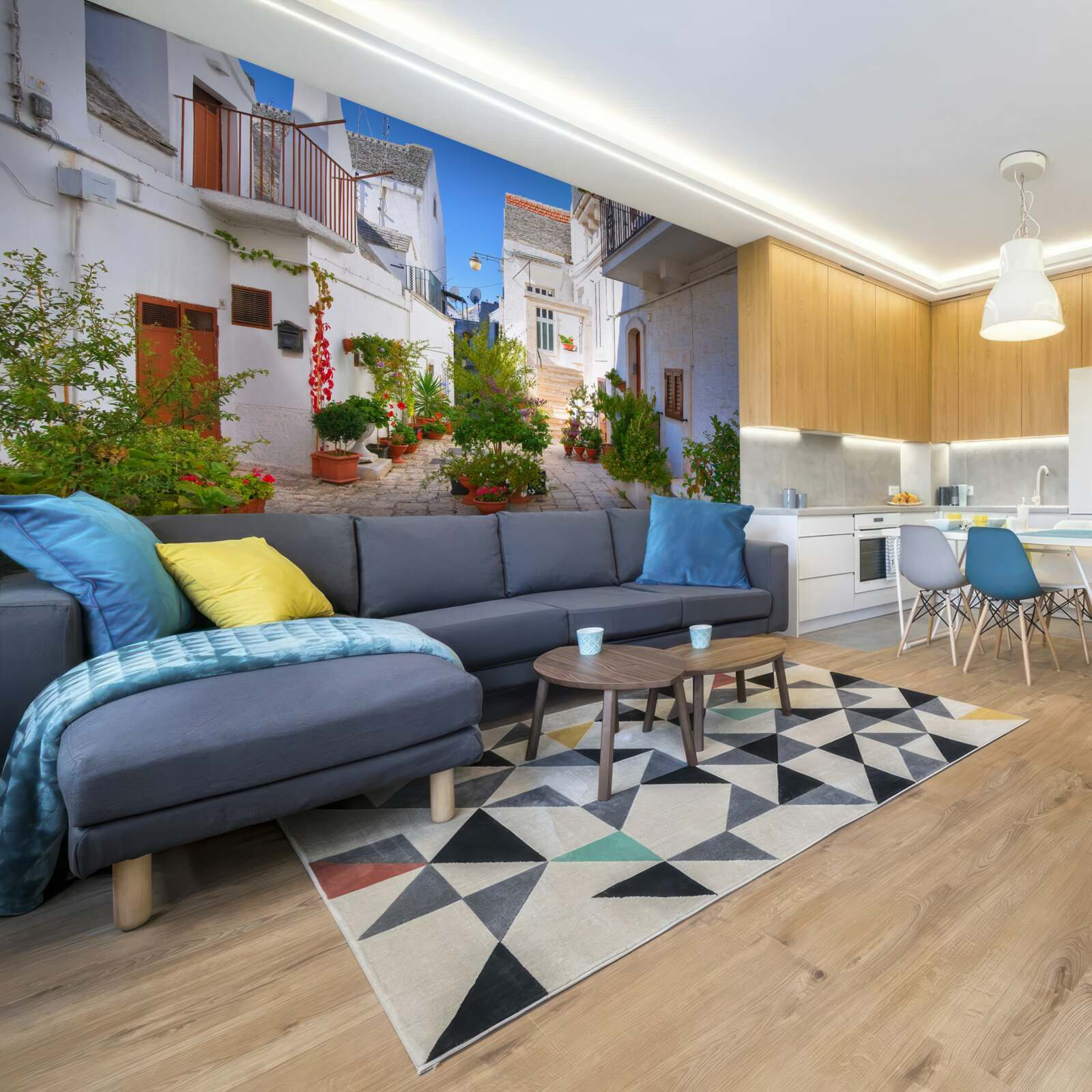 Fototapet strada santorini, cufundată în verdeață