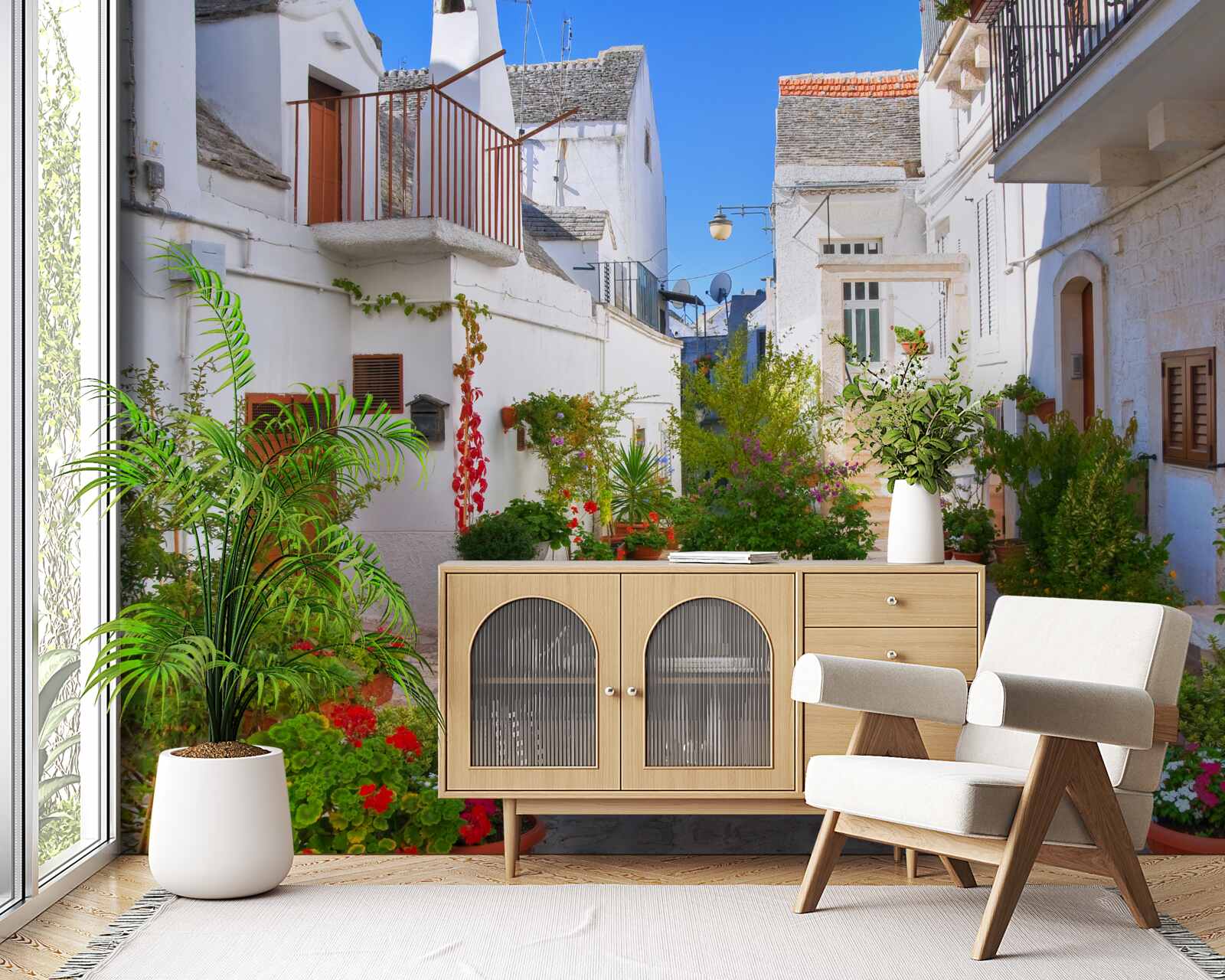 Fototapet strada santorini, cufundată în verdeață