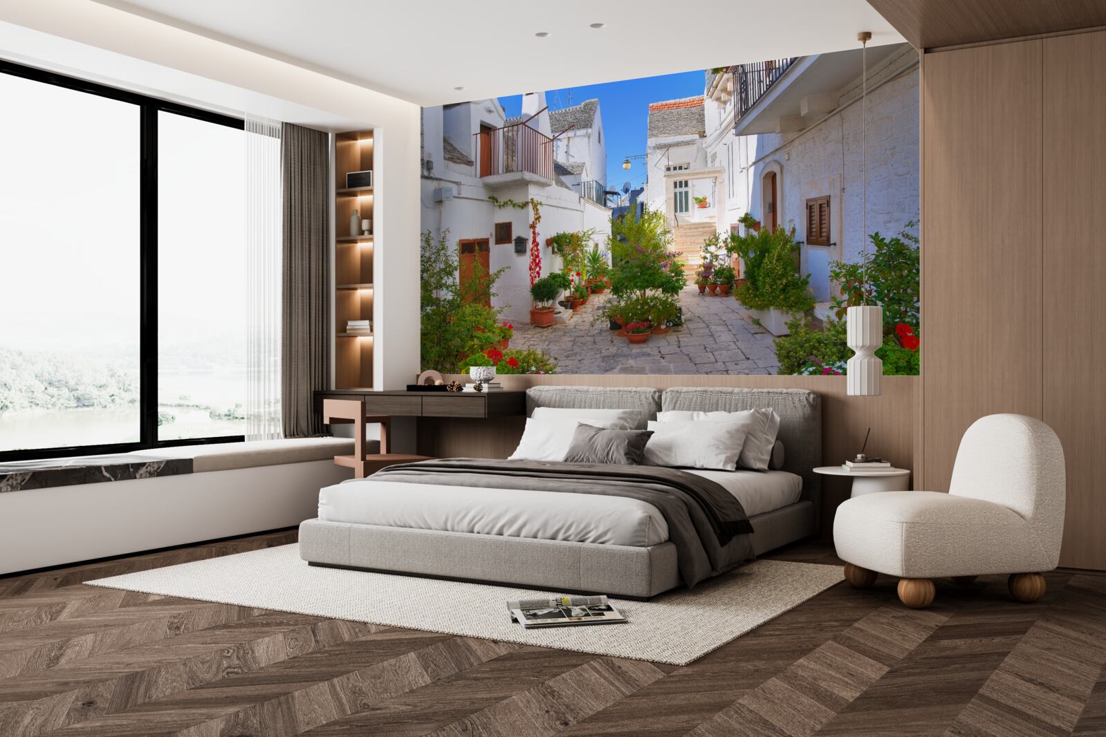 Fototapet strada santorini, cufundată în verdeață