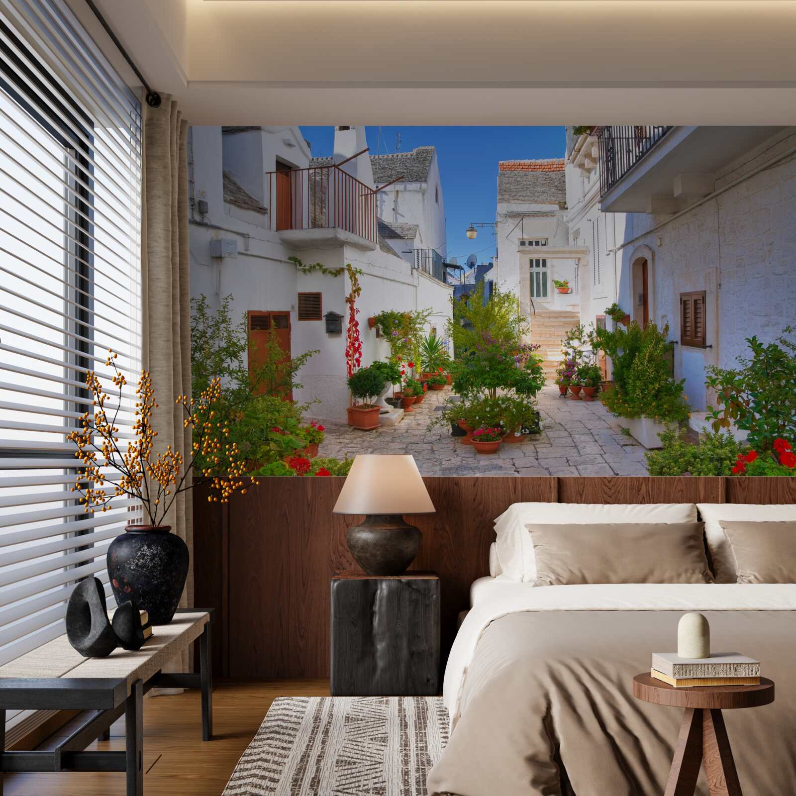 Fototapet strada santorini, cufundată în verdeață